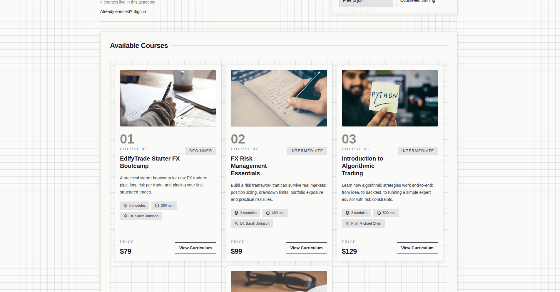 EdifyTrade tenant academy — course grid with modules, duration, instructor, and pricing