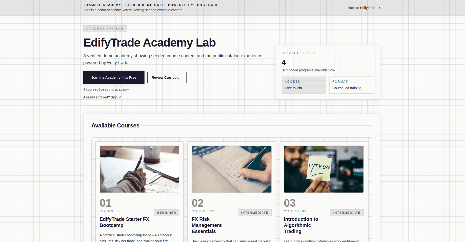 EdifyTrade tenant academy — branded public catalog with academy status and enrollment entry points