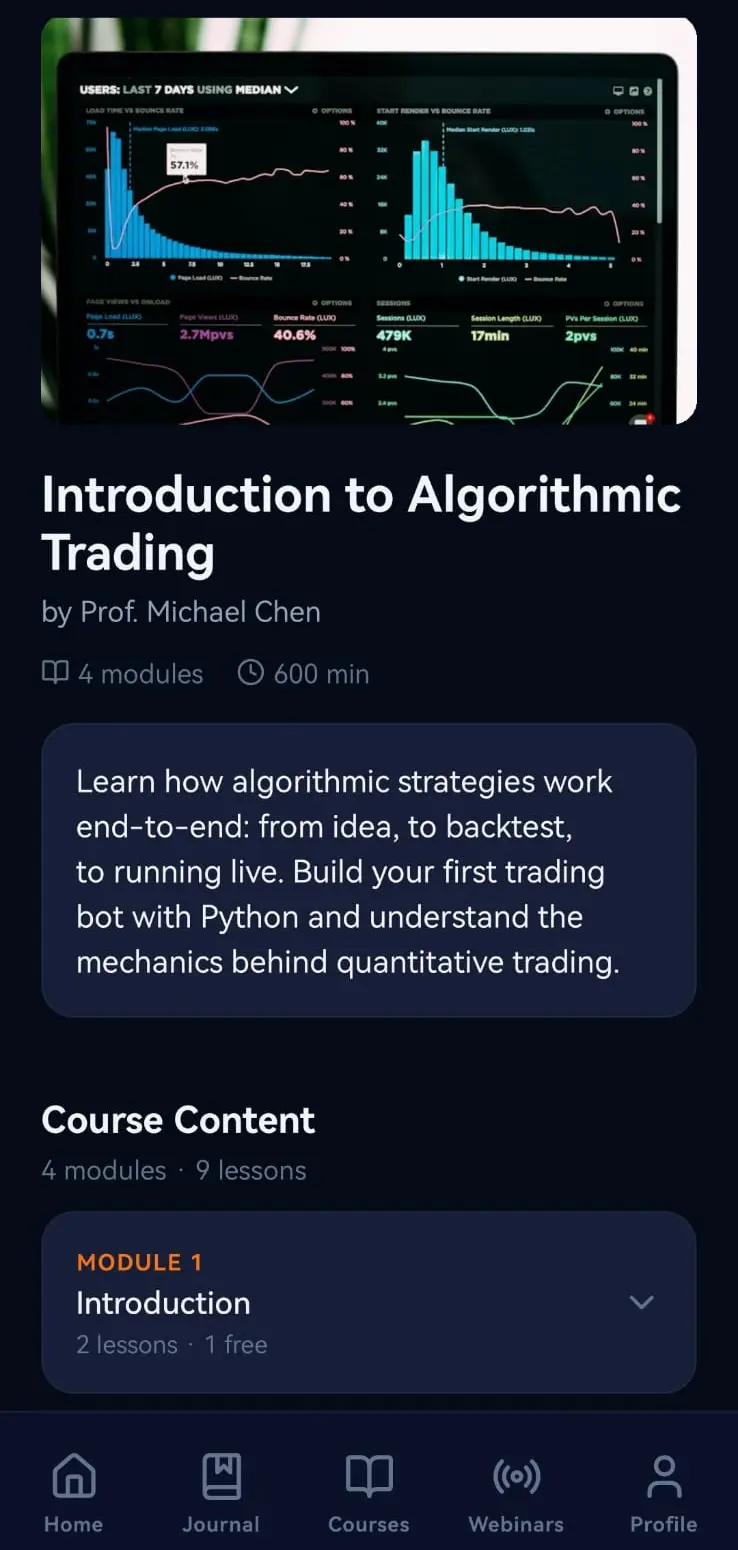 EdifyTrade Mobile — course detail with curriculum and progress