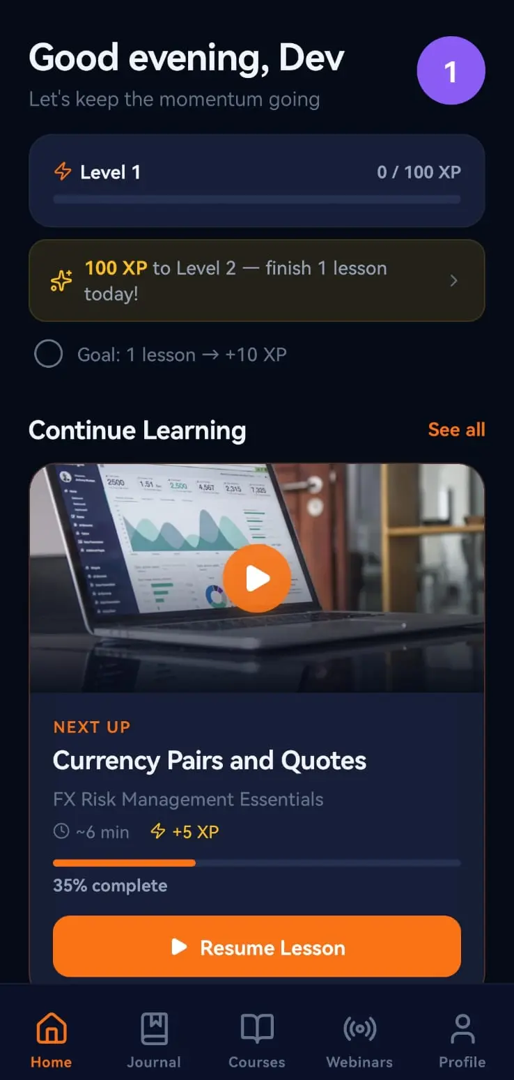 EdifyTrade Mobile — home screen with XP progression and continue learning