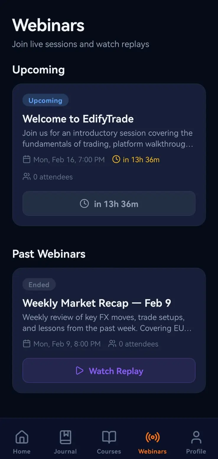 EdifyTrade Mobile — webinars with upcoming and replay
