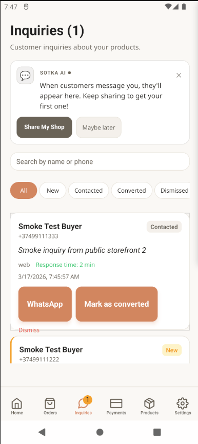 Sotka inquiries screen showing real customer messages