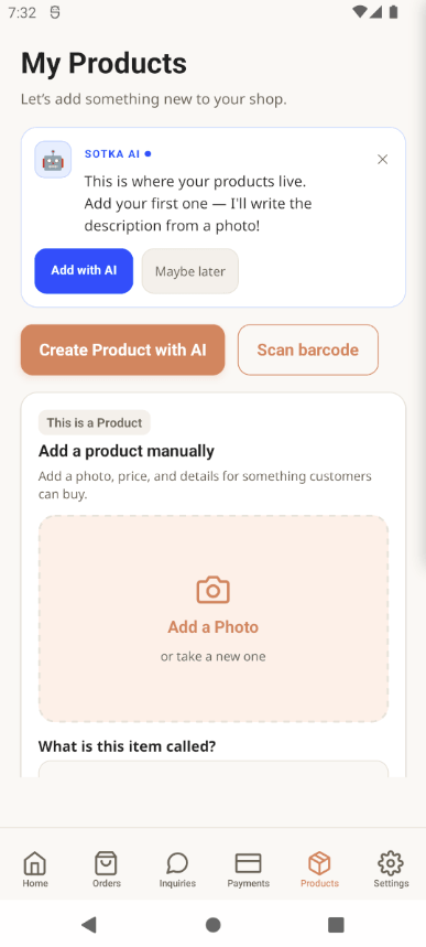 Sotka products screen showing AI-assisted product creation