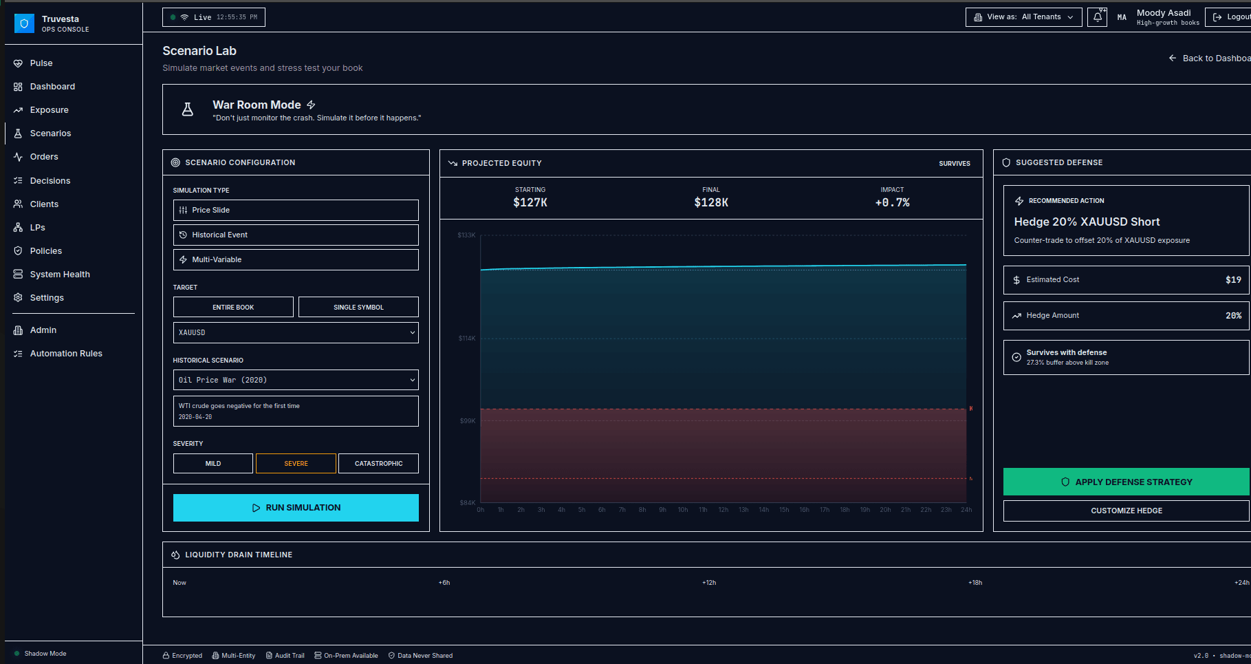 Truvesta Scenario Lab — War Room mode with equity projections and hedging defense