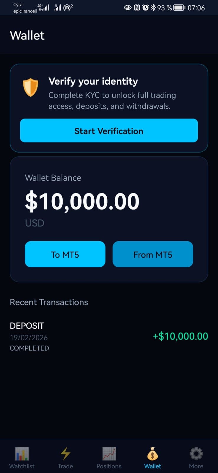Veralis Mobile — trade screen with live MT5 execution